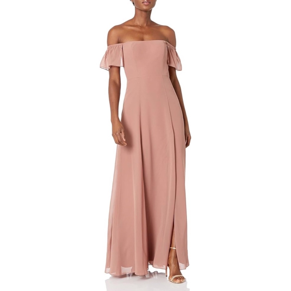 Jenny Yoo Elsie Off The Shoulder Flutter‎ Sleeve Chiffon Dress in Clay